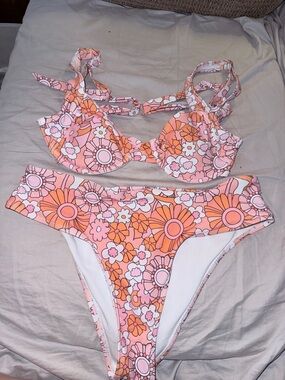 SHEIN Pink and Orange Floral High Waisted Bikini Set MEDIUM
